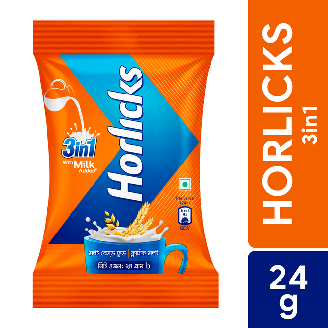 Horlicks 3 in 1 With Milk Added Health and Nutrition Drink 24g