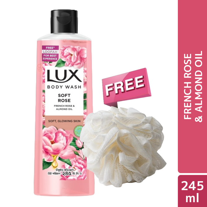 Lux Body Wash French Rose & Almond 245ml ( Free Loofah )
