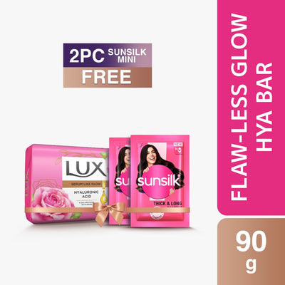 Lux Flaw Less Glow Hya Bar 90g (Free 2Pcs Sunsilk Mini Shampoo)