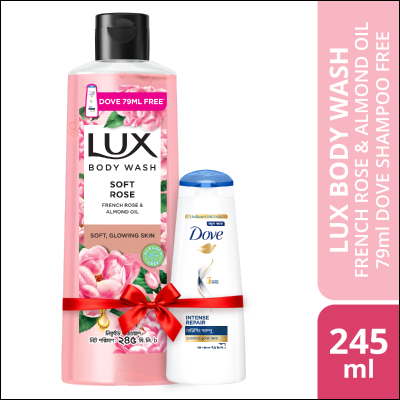 Lux Body Wash French Rose & Almond 245ml With 79ml Dove Shampoo Free