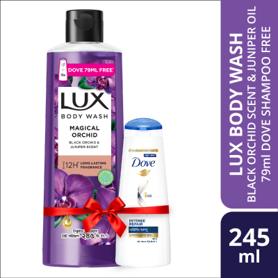 Lux Body Wash Black Orchid Scent & Juniper Oil 245ml With 79ml Dove Shampoo Free