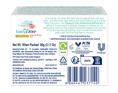 Dove Baby Bathing Bar Fragrance Free Moisure 90gm