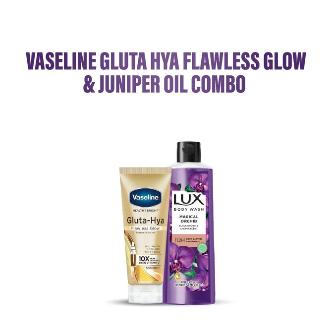Vaseline Gluta Hya Flawless Glow Serum in Lotion 200ml & Black Orchid Scent & Juniper Oil 245ml Combo