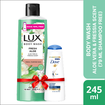 Lux Body Wash Freesia Scent & Aloe Vera 245ml With 79ml Dove Shampoo Free