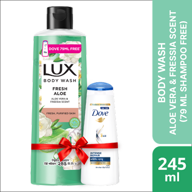 Lux Body Wash Freesia Scent & Aloe Vera 245ml With 79ml Dove Shampoo Free