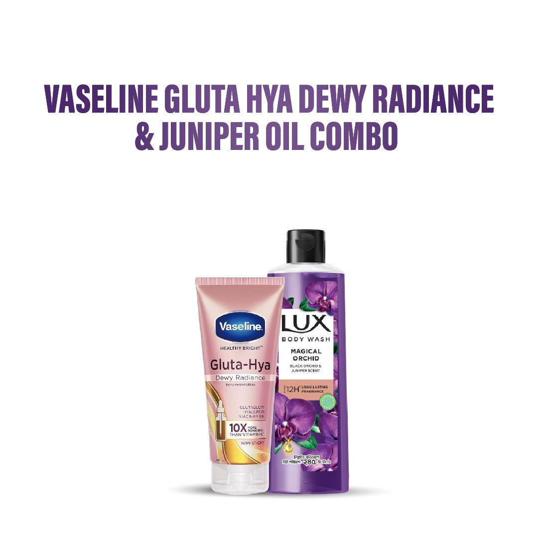 Vaseline Gluta Hya Dewy Radiance Serum in Lotion 200ml & Lux Body Wash Black Orchid Scent & Juniper Oil 245ml Combo