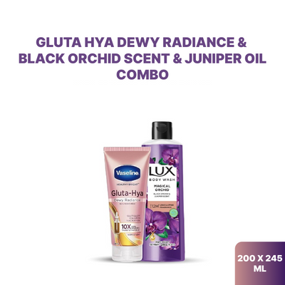 Vaseline Gluta Hya Dewy Radiance Serum in Lotion 200ml & Lux Body Wash Black Orchid Scent & Juniper Oil 245ml Combo