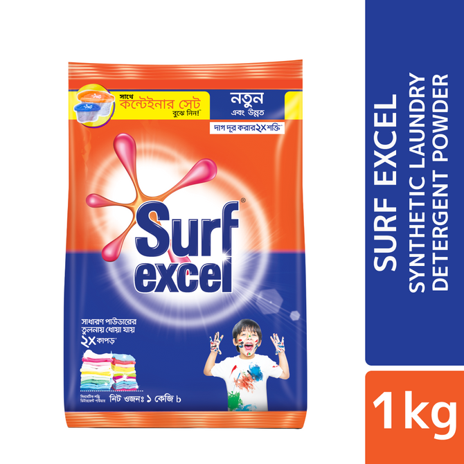 Surf Excel Synthetic Laundry Detergent Powder 1kg Container Free